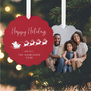 Happy Holidays Santa Sleigh Photo Red Christmas Ornament Card