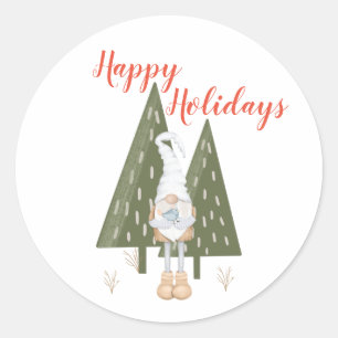 Happy Holidays Scandinavian Gnome Trees Classic Round Sticker