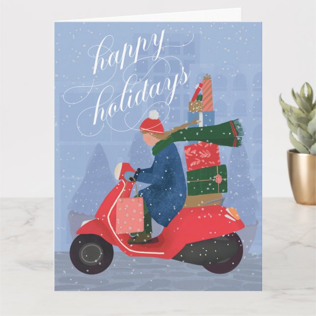 Happy Holidays Scooter Folded Greeting Card (Small Plant)