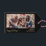 Happy Holidays Script Black Gold Family Photo  Gift Tags<br><div class="desc">Stylish Modern Script Black and Gold Happy Holidays Script Family Photo Christmas Gift Tags. These tags feature a single photo with elegant 'Happy Holidays' calligraphy script and your family name. The sleek, minimalist design adds a touch of sophistication to your holiday gifts, ensuring they stand out this season! The displayed...</div>