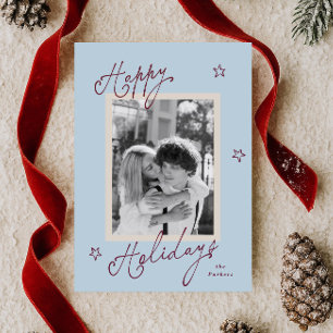 Happy Holidays Script Burgundy Blue Photo Holiday Card