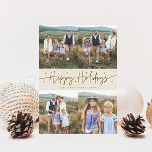 Happy Holidays Script Cream Multi Photo Holiday Card