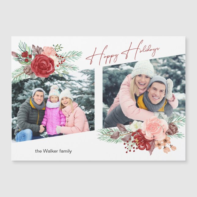 Happy Holidays Script Floral Diagonal 2-Photo (Front)
