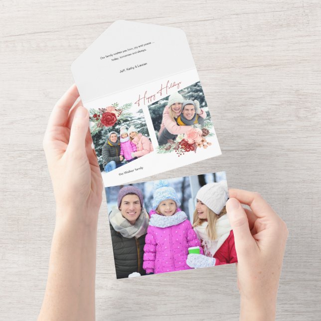 Happy Holidays Script Floral Diagonal 2-Photo All In One Invitation (Tearaway)