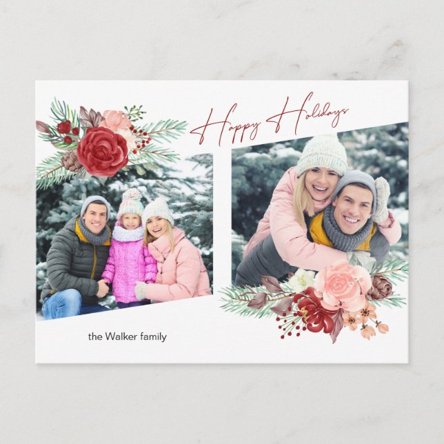 Happy Holidays Script Floral Diagonal 2-Photo Holiday Postcard (Front)