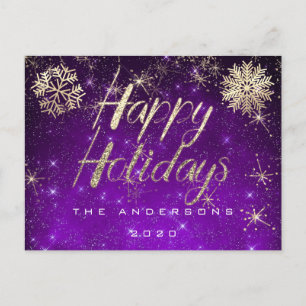 Happy Holidays Script Gold Snow Purple Spark Name Postcard