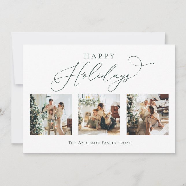 Happy Holidays Script Green 3 Multi Photo Collage Holiday Card (Front)