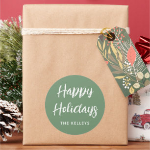 Happy Holidays Script Green Personalized Classic Round Sticker