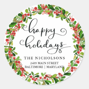 Happy Holidays Script   Holiday Return Address  Classic Round Sticker