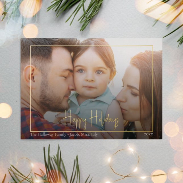 Happy Holidays Script Horizontal Framed photo Gold Foil Holiday Card (Creator Uploaded)