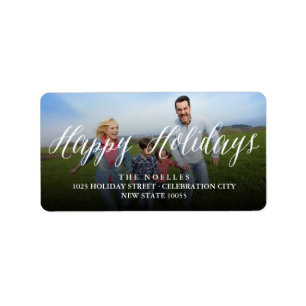 Happy Holidays Script Modern Photo Return Address Label