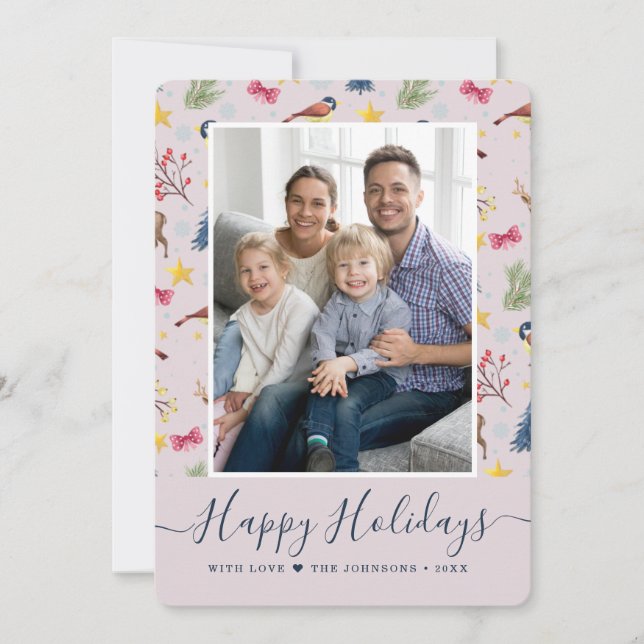 Happy Holidays Script Pattern Photo Holiday Card (Front)