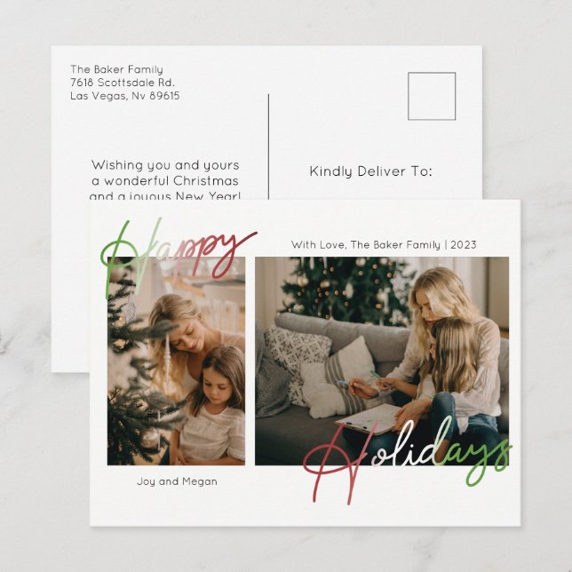Happy Holidays Script Photo Holiday Postcard (Front/Back)