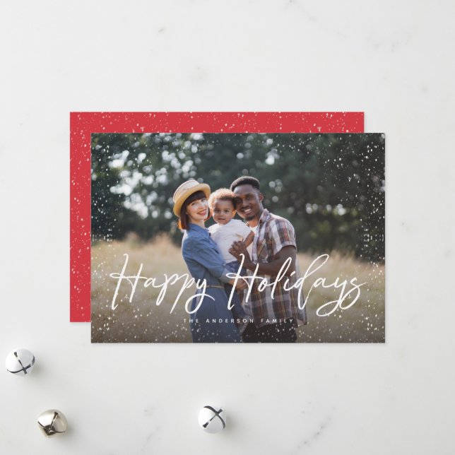 Happy Holidays Script Snow Photo Christmas Holiday Card (Front/Back In Situ)