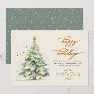 Happy Holidays Script Watercolor Christmas Tree Holiday Card