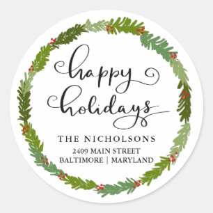 Happy Holidays Script   Wreath Return Address   Classic Round Sticker