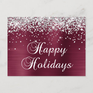 Happy Holidays Silver Glitter Burgundy Red Foil Holiday Postcard