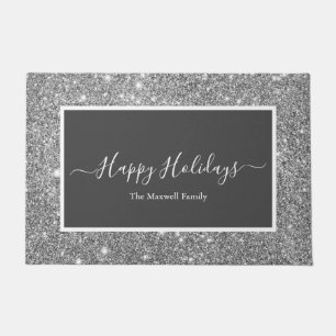 Happy Holidays silver glitter grey family name  Doormat