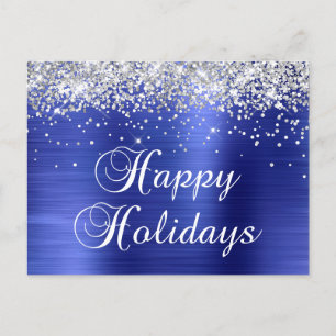 Happy Holidays Silver Glittery Faux Blue Foil Holiday Postcard