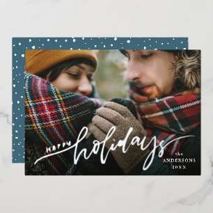 Happy Holidays Silver Script Photo Foil Holiday Card