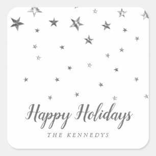Happy Holidays Silver Stars Family Name Christmas  Square Sticker