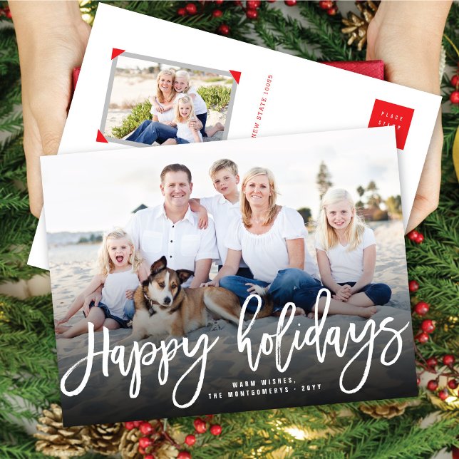Happy Holidays Simple Brush Script Modern Photo Holiday Postcard (Creator Uploaded)