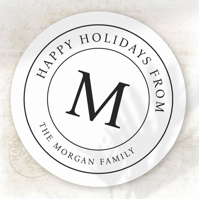 Happy Holidays Simple Chic Family Monogram Classic Round Sticker (Creator Uploaded)