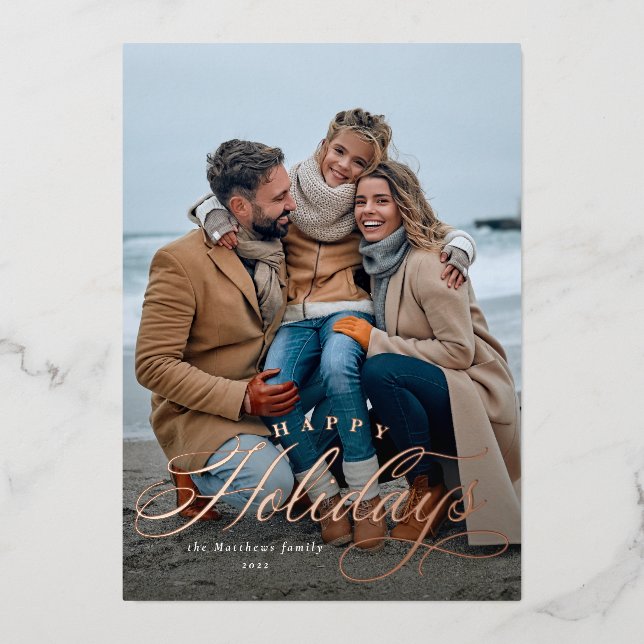 Happy holidays simple elegant one photo foil holiday card (Front)