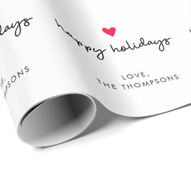 Happy Holidays Simple Red Heart Christmas Wrapping Paper (Roll Corner)