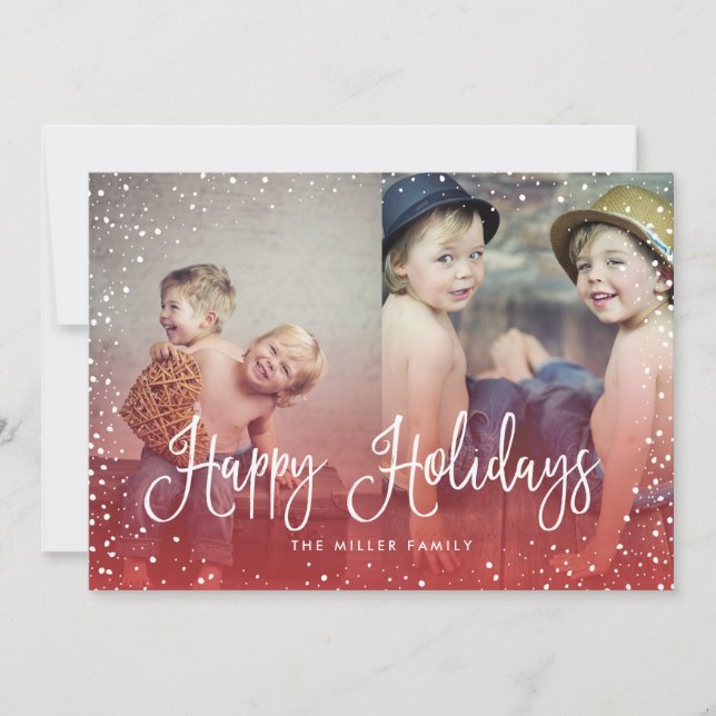 Happy Holidays Snow Seamless 2-Photo Card RED (Front)