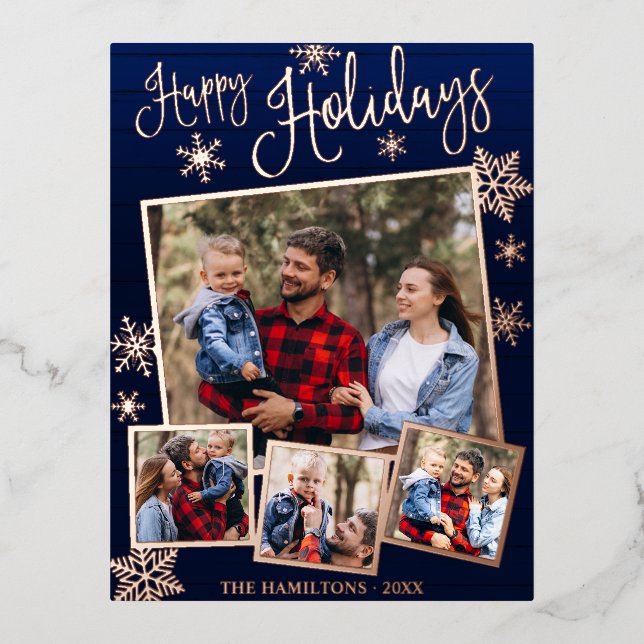 Happy Holidays Snowflake 4 Photos Collage Family F Foil Holiday Postcard (Front)