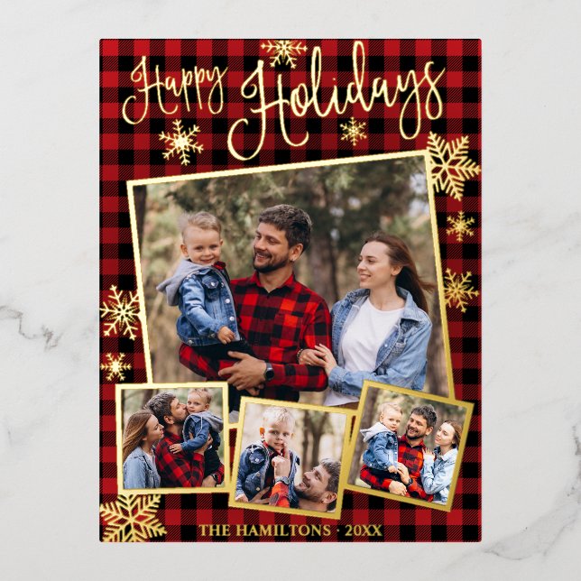 Happy Holidays Snowflake 4 Photos Collage Family Foil Holiday Postcard (Front)