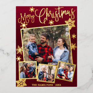 Happy Holidays Snowflake 4 Photos Collage Foil Holiday Postcard