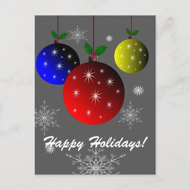 Happy Holidays, snowflakes  and ornaments design Holiday Postcard (Front)