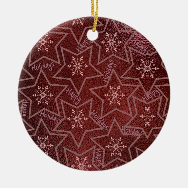 Happy Holidays Snowflakes and Stars  Ceramic Ornament (Front)