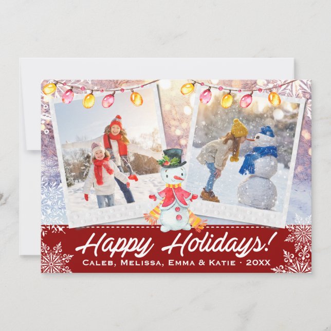 Happy Holidays Snowman 2-Photo Collage | Red White Holiday Card (Front)