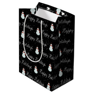 Happy Holidays snowman and rope text on black Medium Gift Bag