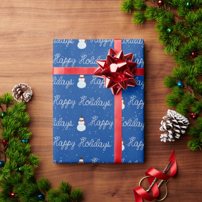 Happy Holidays snowman and rope text on blue Wrapping Paper (Holiday Gift)