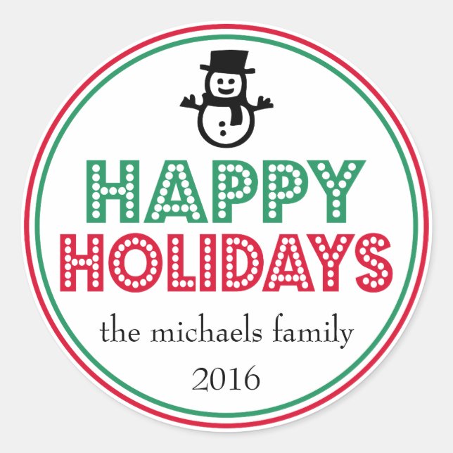 Happy Holidays Snowman Favor Sticker (Rouge / Vert (Devant)