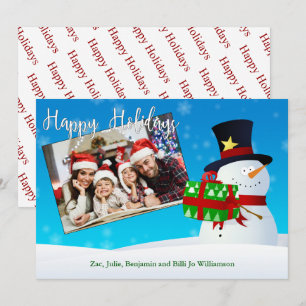 Happy Holidays Snowman With a Gift and Your Photo Holiday Card