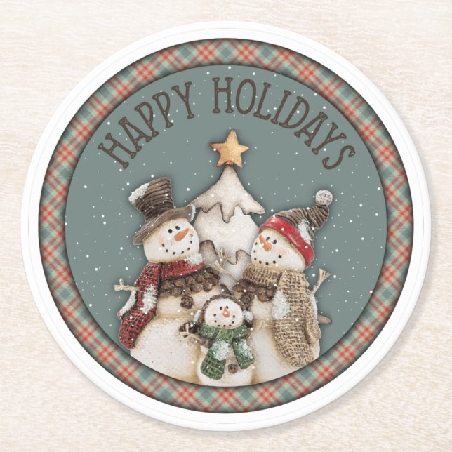 Happy Holidays Snowmen Round Paper Coaster (Front)