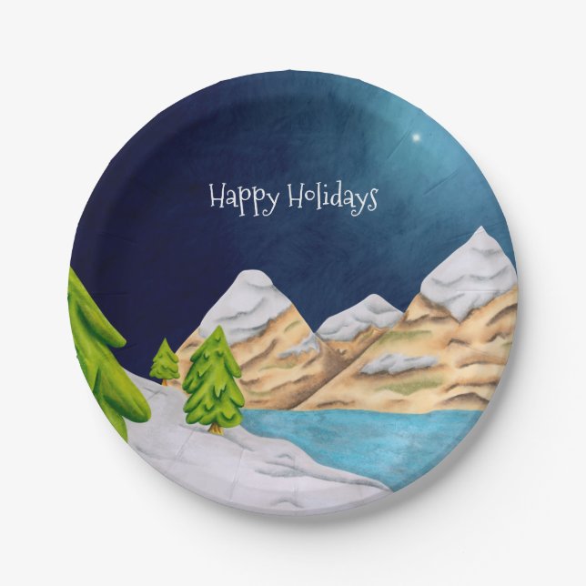 Happy Holidays Snowy Mountain Starry Night  Paper Plate (Front)