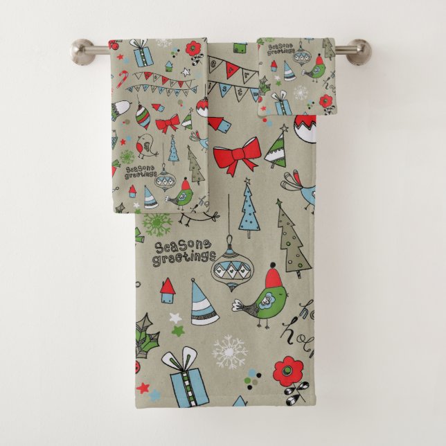 Happy Holidays Song Birds And Snowman Bath Towel Set (Insitu)