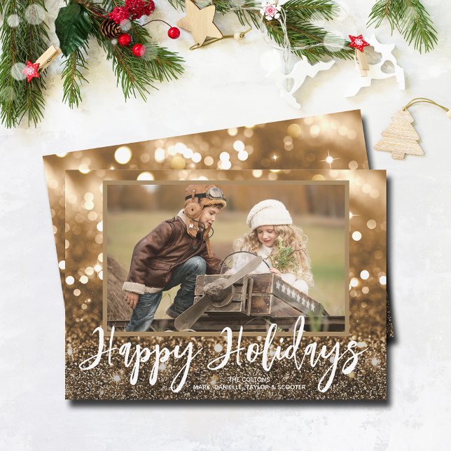 Happy Holidays Sparkle Photo Holiday Card (Happy Holidays bronze sparkle holiday photo cards)
