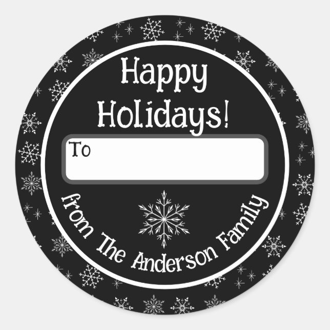 Happy Holidays Sticker noir avec Snowflakes (Devant)