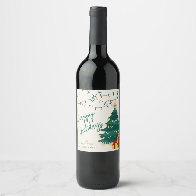 Happy Holidays String Lights Tree Cute Christmas  Wine Label (Front)