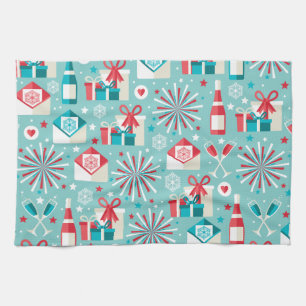 Happy Holidays Teal Blue and Red Pattern Kitchen Towel