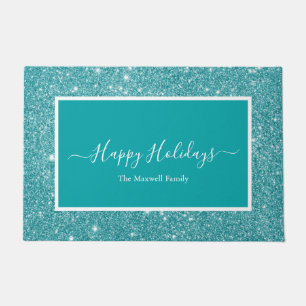 Happy Holidays teal glitter script family name Doormat