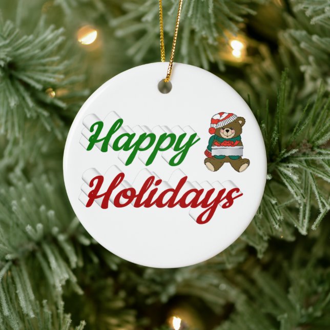 Happy Holidays Teddy Bear Christmas script  Ceramic Ornament (Tree)