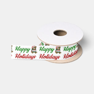 Happy Holidays Teddy Bear Christmas script Satin Ribbon